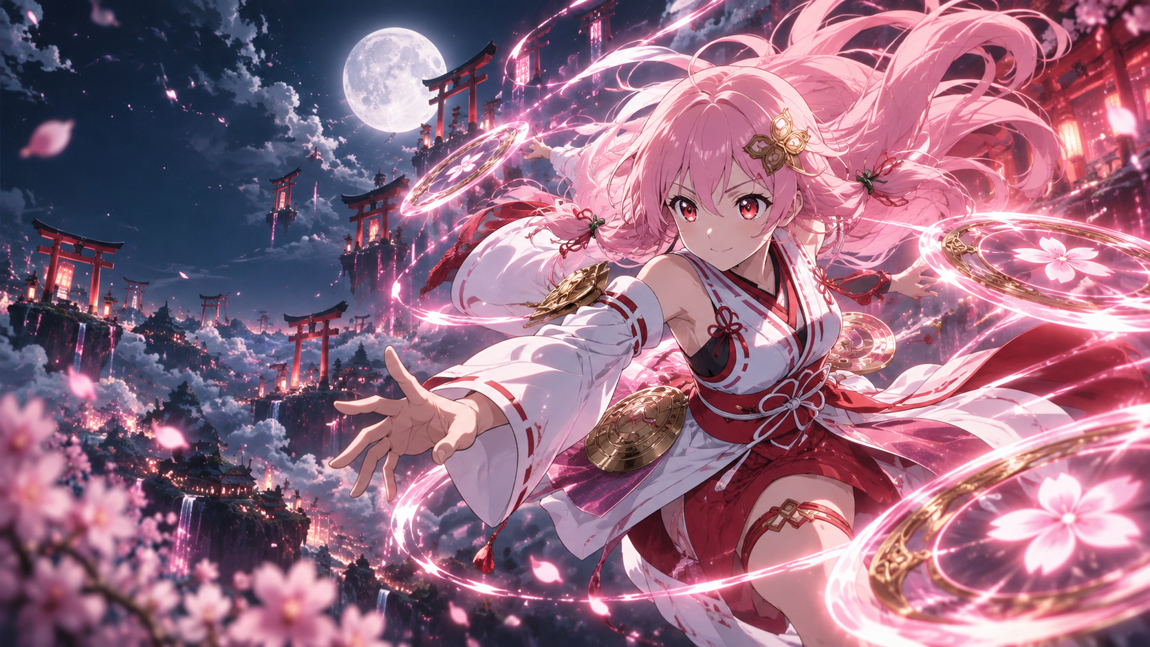 桜紋の天輪を従え、鳥居が浮かぶ夜空を翔ける巫女